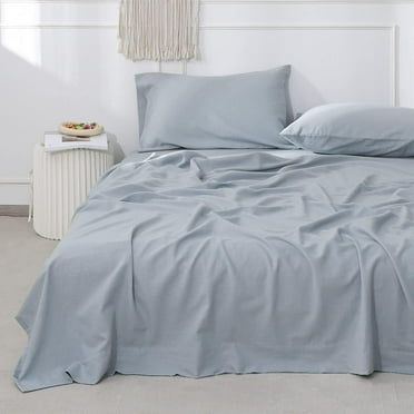 Simple&Opulence Belgian Linen Sheet Set Solid Color - 4 Pieces (1 Flat Sheet, 1 Fitted Sheet & 2 Pillowcases) Natural Flax Cotton Blend Soft Breathable Farmhouse Bedding - Full Size, Dusty Blue