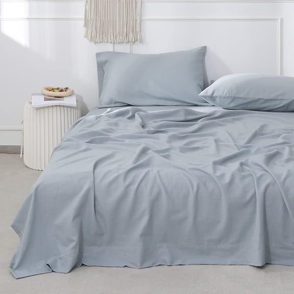 Simple&Opulence Linen Sheet Set-Linen Cotton Blend Bedding set-4 Pieces(1 Flat Sheet,1 Fitted Sheet&2Pillowcase)-Soild Color Collection,Soft & Cozy,Cooling Bedding- Queen Size, Dusty Blue