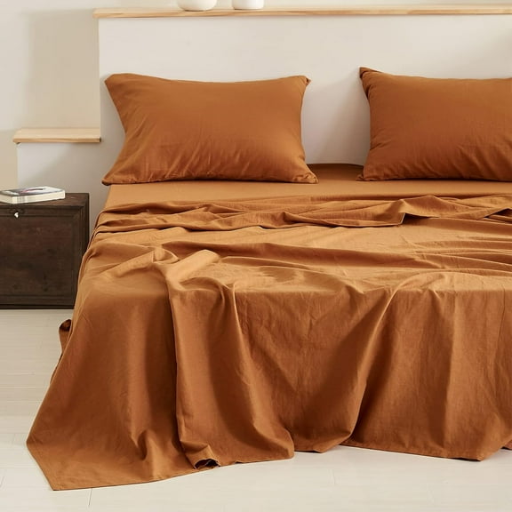Simple&Opulence Linen Sheet Set-Linen Cotton Blend Bedding set-4 Pieces(1 Flat Sheet,1 Fitted Sheet&2Pillowcase)-Soild Color Collection,Soft & Cozy,Cooling Bedding- King Size, Rust