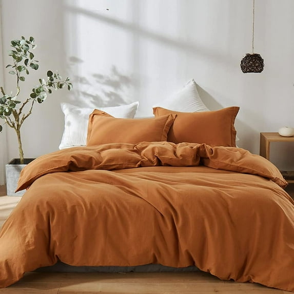 Simple&Opulence Classic Collection Farmhouse 3-Piece Linen Cotton Solid Duvet Sets-Rust, California King Size