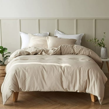 Simple&Opulence Classic Collection Farmhouse 3-Piece Linen Cotton Solid Duvet Sets-Linen/Beige, King Size