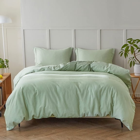 Simple&Opulence Flax Cotton Blend Duvet Cover Set Twin Size Solid Color Linen Breathable Farmhouse Bedding 2-Piece (Mint Green, 68"x86")