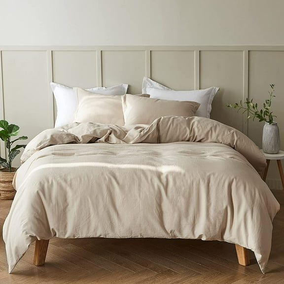 Simple&Opulence Linen Duvet Cover - Linen Cotton Blend 3 Pieces Bedding Set, 1 Duvet Cover 88 x 92 Inches and 2 Pillowcase- Solid Color Collection , Soft & Cozy ,Cooling Bedding-Linen/Beige, Queen
