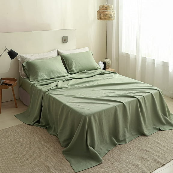 Simple&Opulence French Linen Flat Sheet,100% Natural Flax Bedding Sheet with Stone Washed King Size(108''x102'') Ultra Soft Breathable-1 Piece Flat Top Sheet Only Basic Style, Sage Green