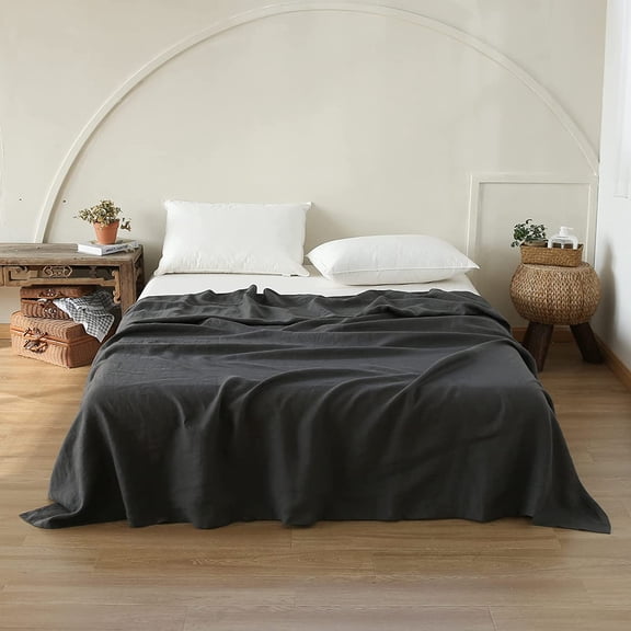 Simple&Opulence French Linen Flat Sheet with Embroidered Border-100% Stone Washed Flax Bedding,King Size(108''x102'') Ultra Soft,Breathable Flat Top Sheet-1 Piece Bed Flat Sheet Only(Dark Grey)