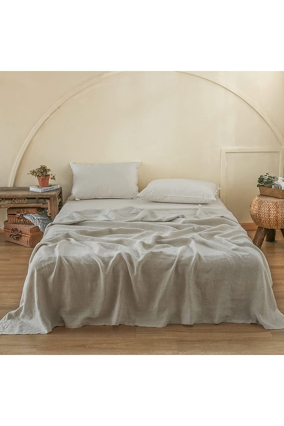 French Linen Flat Sheet with Embroidered Border-100% Stone Washed Flax Bedding,King Size(108''x102'') Ultra Soft,Breathable Flat Top Sheet-1 Piece Bed Flat Sheet Only(Linen)