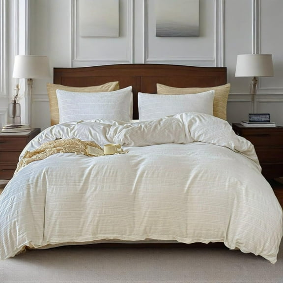 Simple&Opulence Linen Duvet Cover King Size, 3 PCS Natural Linen Cotton Blend Bedding Set with Striped Jacquard-1 Duvet Cover 2 Pillowcases, Luxury Bedding for All Season (White, 104" x 92")