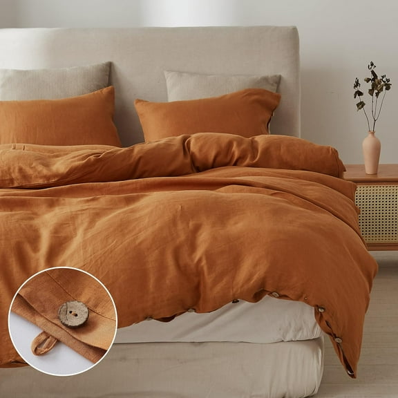 Simple&Opulence Linen Duvet Cover Set-Pure Linen 3 Pieces Bedding Set, 1 Duvet Cover 104 × 92 Inches and 2 Pillowcases-Coconut Button Collection Soft & Cozy ,Cooling Bedding-Rust, King