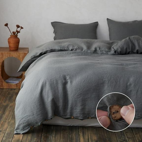 Simple&Opulence Linen Duvet Cover Set-Pure Linen 3 Pieces Bedding Set, 1 Duvet Cover 78 × 86 Inches and 2 Pillowcases-Coconut Button Collection Soft & Cozy ,Cooling Bedding-Smoky Gray, Full