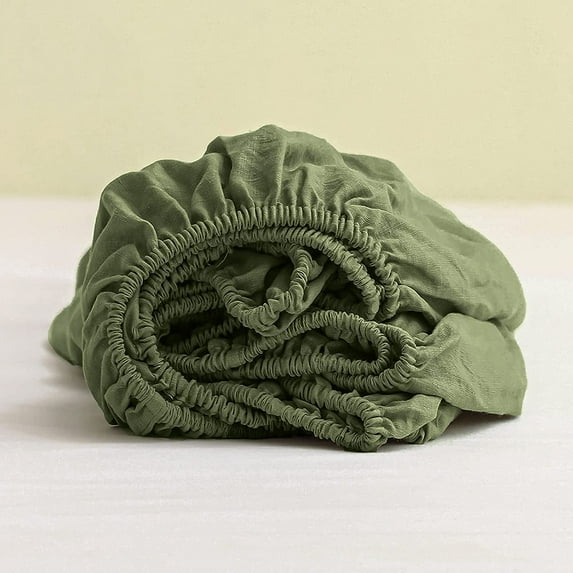 Simple&Opulence Premium 100% Linen Fitted Sheet (1 Piece) Queen Size Mattress Cover, 14''Deep Pocket Natural Belgian Flax Bottom Sheet - Olive Green