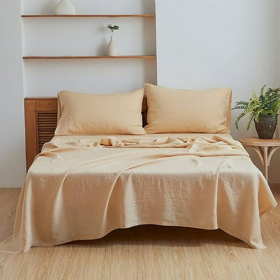 Simple&Opulence Washed Linen Bed Sheet Set Basic Style 4 Pieces (1 Flat Sheet & 1 Fitted Sheet & 2 Pillowcases) 100% Natural French Flax Soft Breathable Farmhouse Bedding (King, Sand)