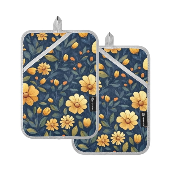 Simple Orange Flowers Oven Mitts Pot Holders 2 pcs Heat Resistant for Kitchen Baking Grilling