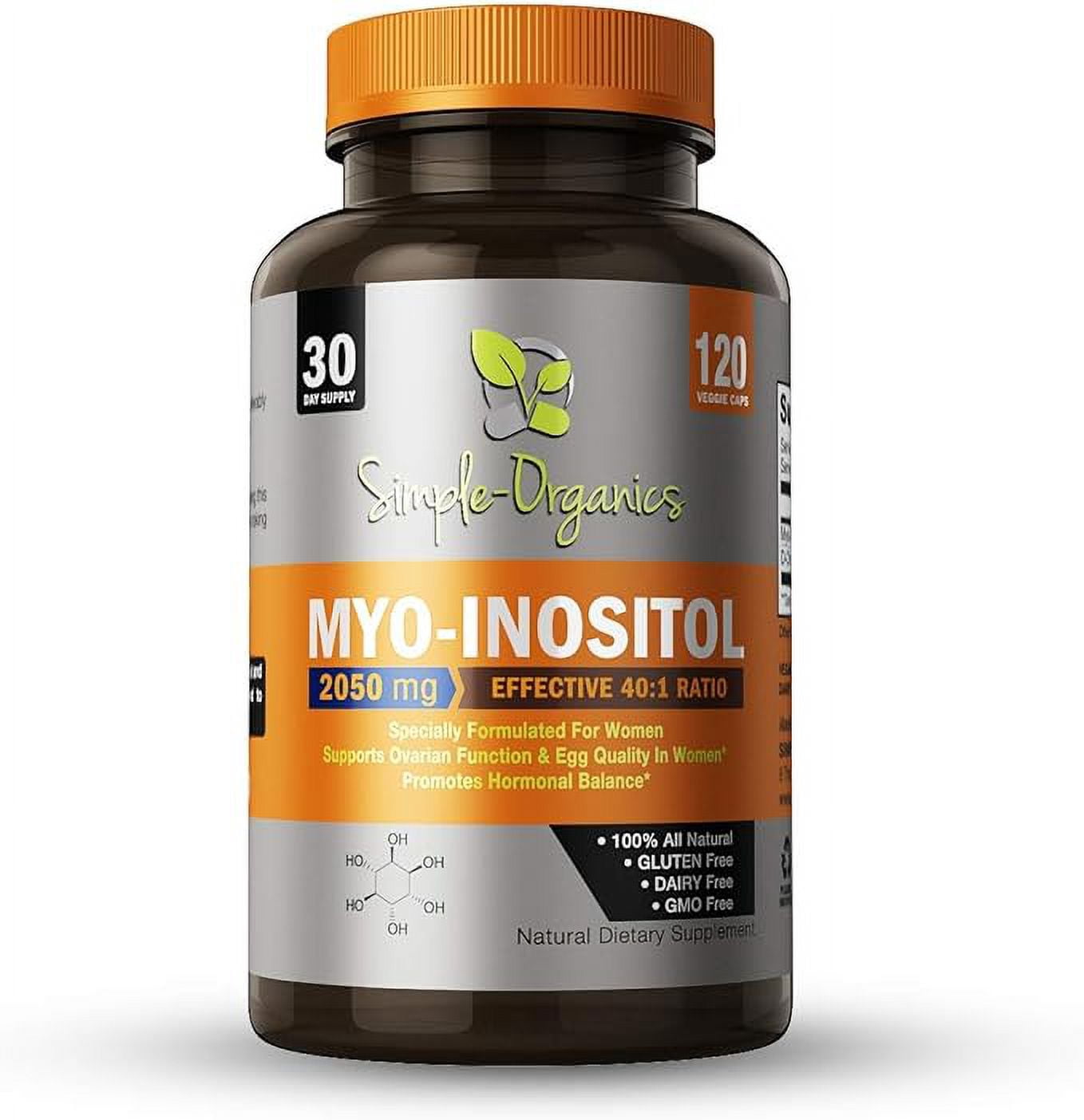Simple-Organics Myo Inositol Supplement, with D-Chiro Inositol, 40 to 1 Ratio, Helps in Hormone Balance and Ovarian Function Support for Women, 2050mg per Serving, 120 Vegan Capsules