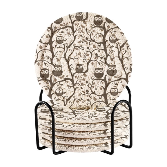 Simple Owl in A Tree Drink Coasters with Holder Absorbent Coaster for Coffee Table Room Decor 6 Pack