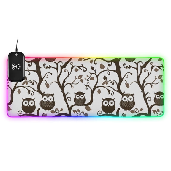 Simple Owl in A Tree Wireless Charging RGB Gaming Mouse Pad Large Keyboard Mat Rubber Base 13 Light Modes