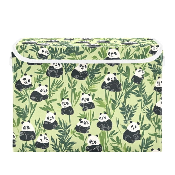 Simple Panda and Bamboo Leaf Large Storage Bins with Linen Collapsible Lid Storage Box 16.7 x 12.6 x 11.8in