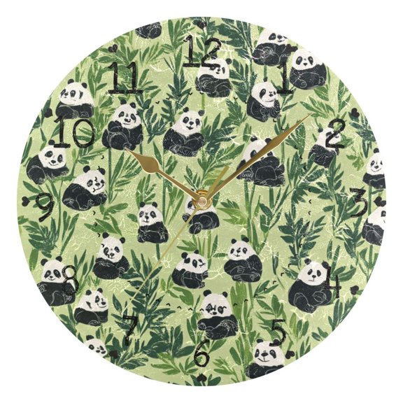 Simple Panda and Bamboo Leaf Round Wall Clock Silent Battery Operated Home Decor for Living Room Bedroom