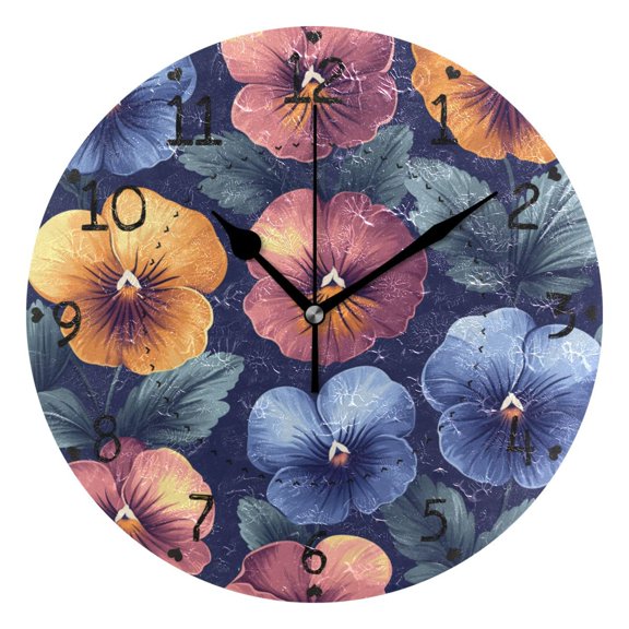 Simple Pansy Round Wall Clock Silent Battery Operated Home Decor for Living Room Bedroom