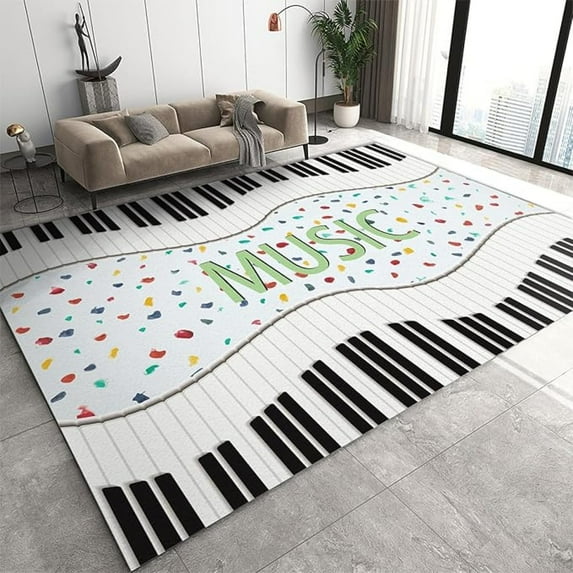 Simple Piano Keys Area Rug, Music Notes Large Area Rug, With Non Slip Backing Low Pile Washable Carpet For Music Classroom Studio Band 4x5ft