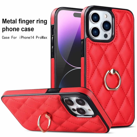 Simple Plaid fastened ring stand phone leather case for iPhone 14