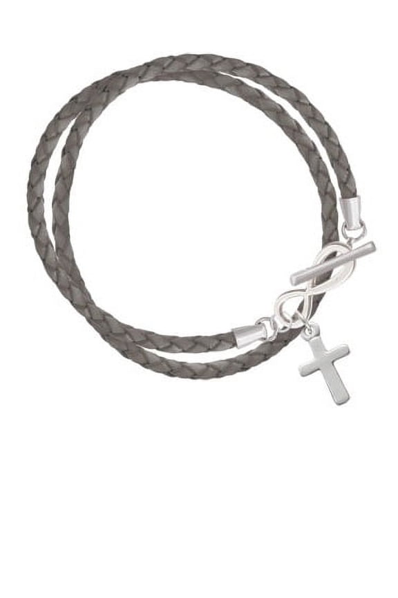 Simple Plain Small Cross - Elegant Infinity Shimmer Grey Leather Wrap Bracelet