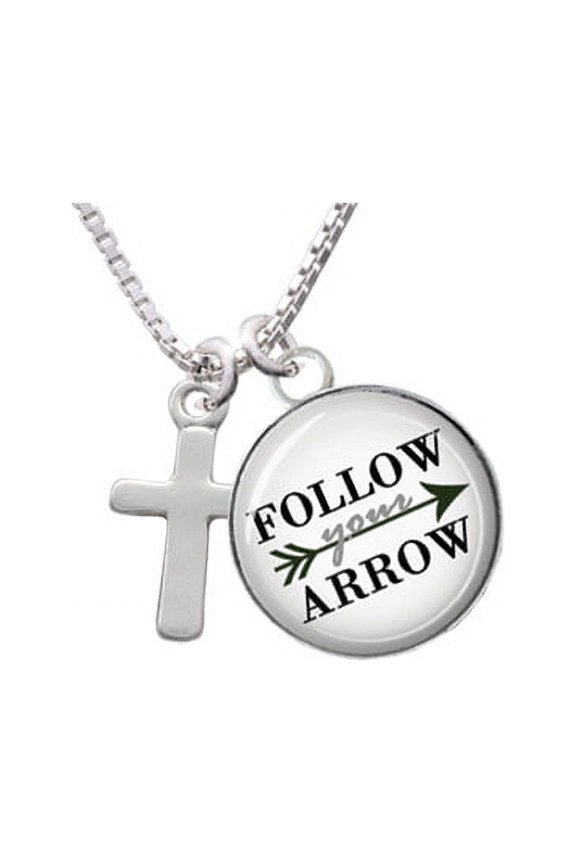 Simple Plain Small Cross Follow Your Arrow Glass Dome Necklace, 18"+2"