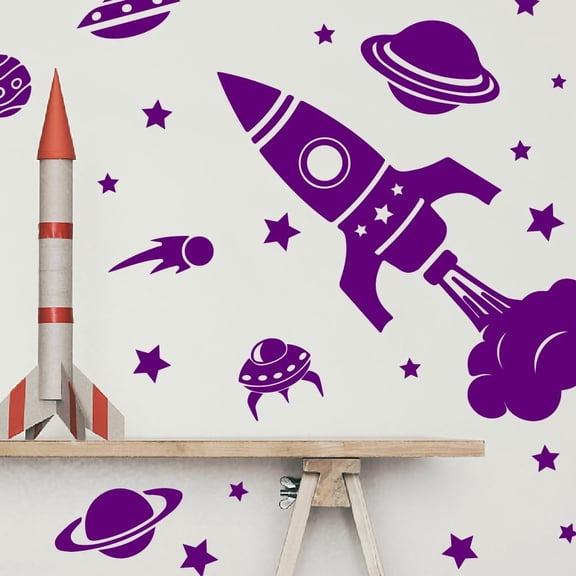 Simple Planet Rocket Wall Decals Outer Space Wall Sticker DIY Purple Wall Sticker Murals Stickers for Kids Bedroom Nursery Living Room Decoration 1set