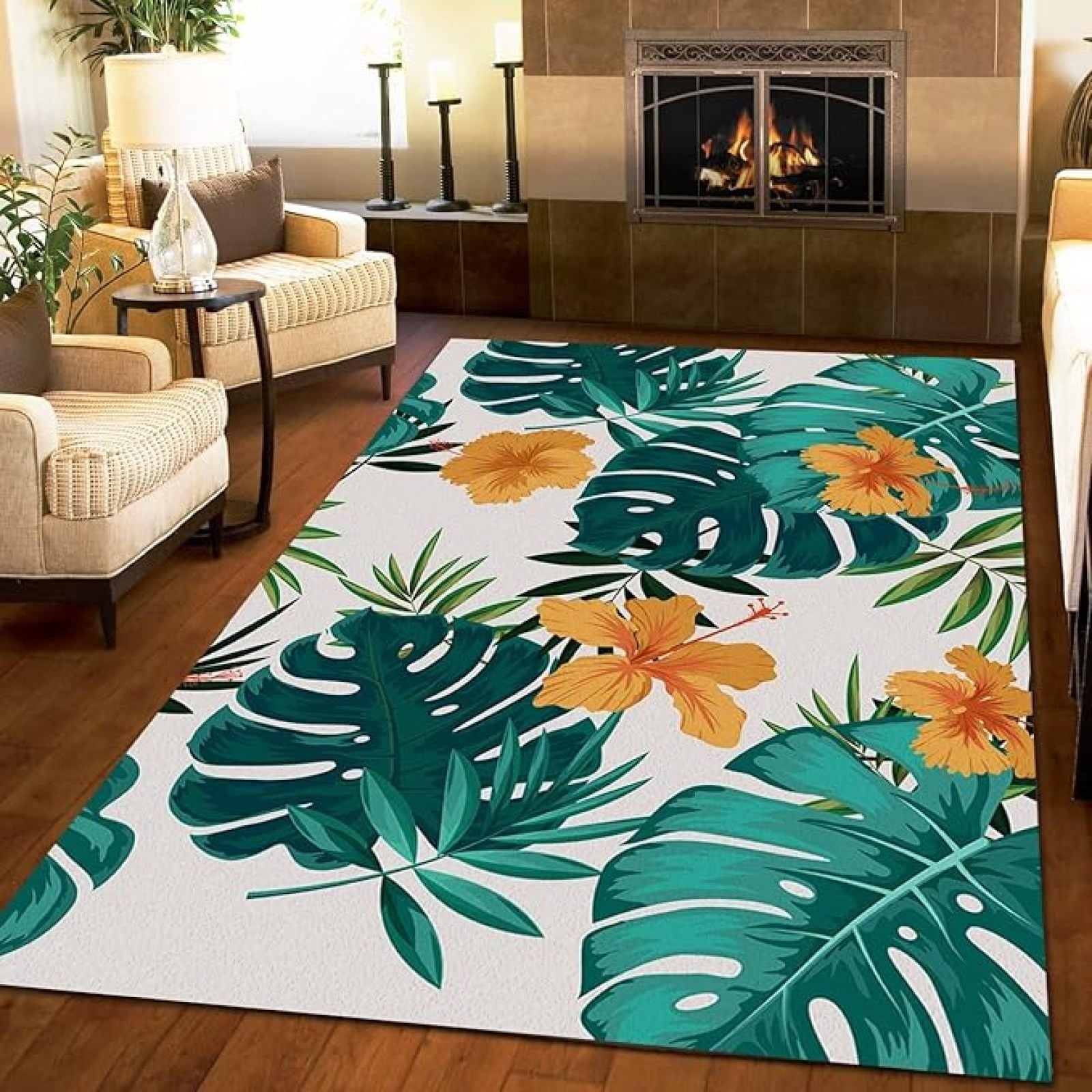 Simple Plant Leaves Area Rug, Tropical Green Palm Leaves Non Slip ...