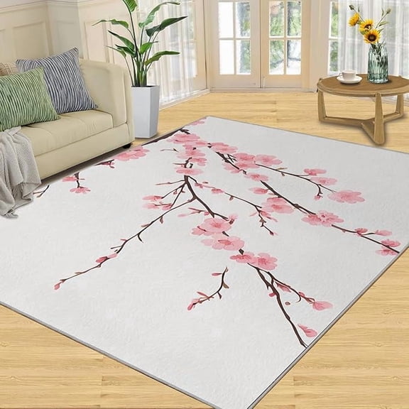 Simple Plum Blossom Area Rug, White Background Indoor Non Slip Large Area Rugs, Machine Washable Carpet for Living Room Bedroom Study Office Kitchen Dining Room Decor Floor Mat 2 x 3ft