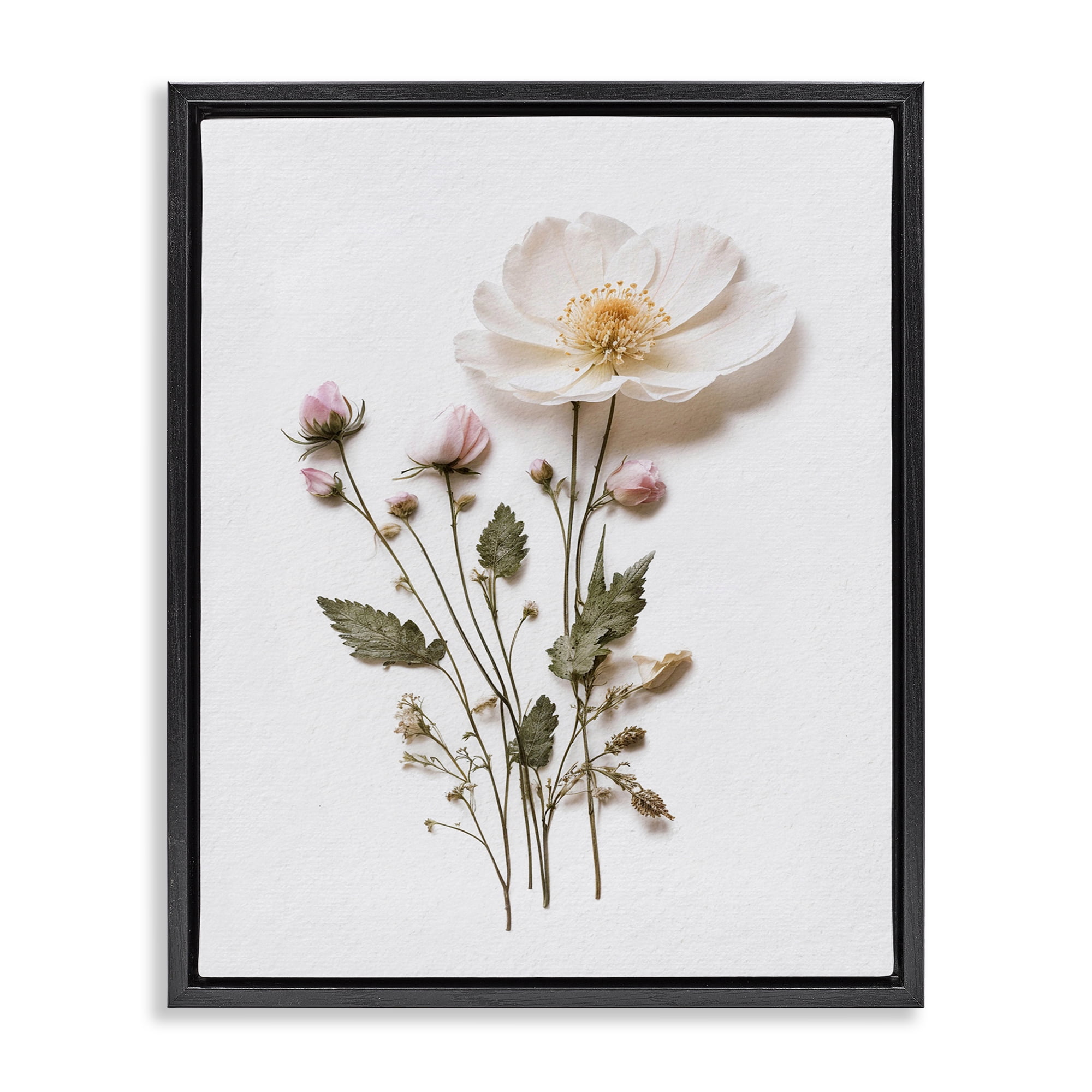 Simple Pressed Flowers Black Framed Floater Canvas Wall Art, design by Lettered and Lined