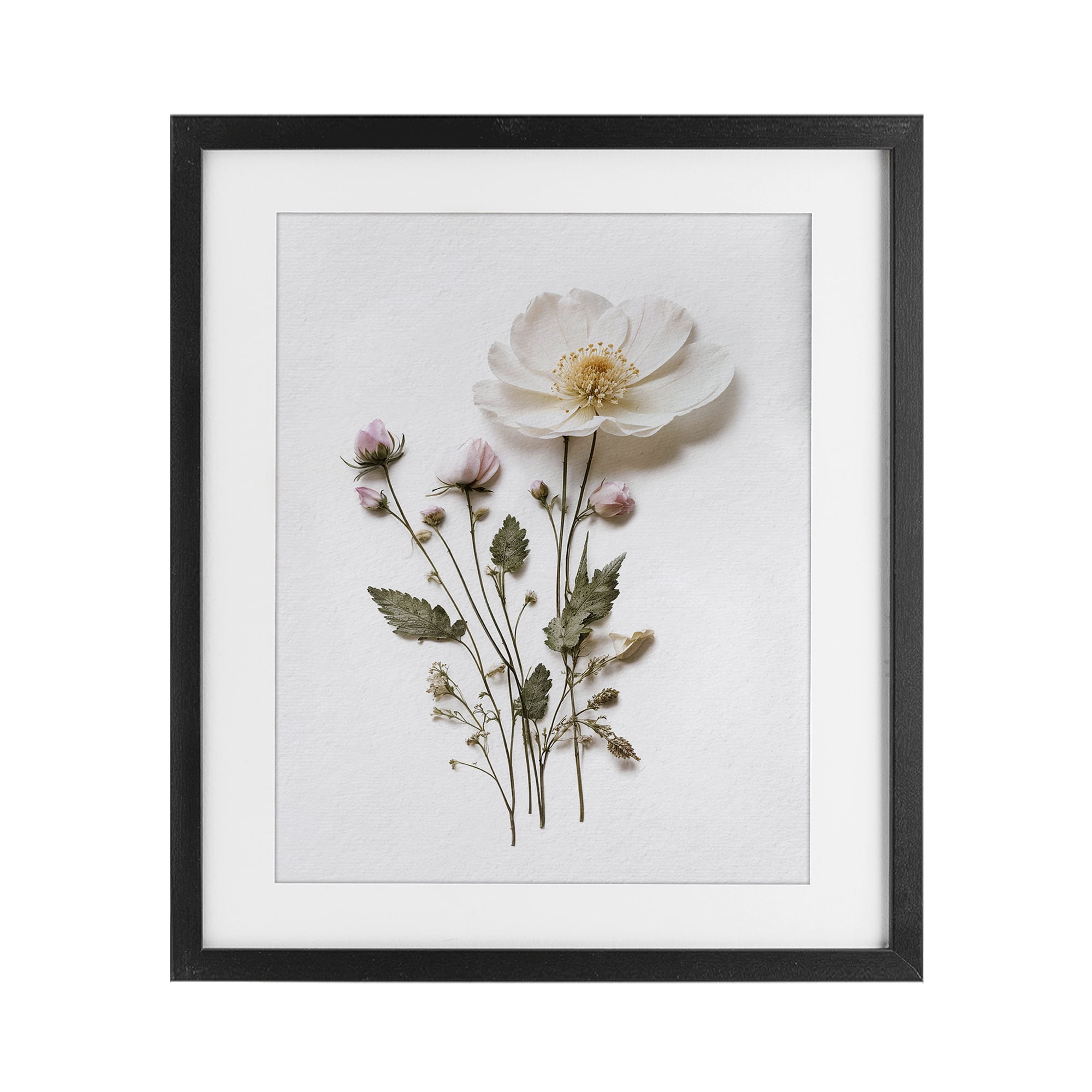 Simple Pressed Flowers Black Framed Print Under Glass, design by Lettered and Lined