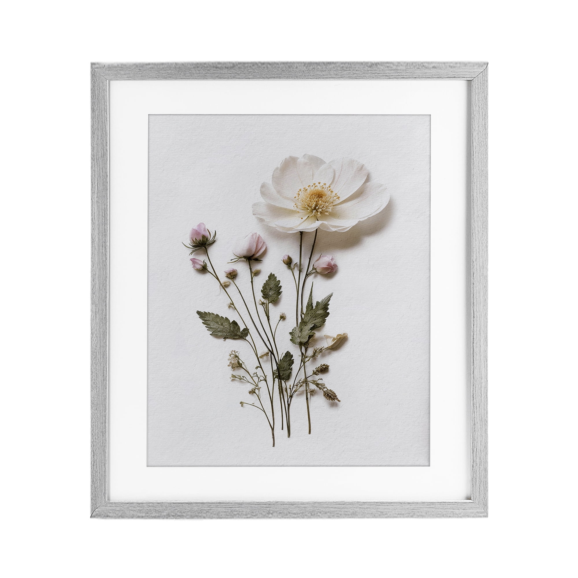 Simple Pressed Flowers Gray Framed Print Under Glass, design by Lettered and Lined