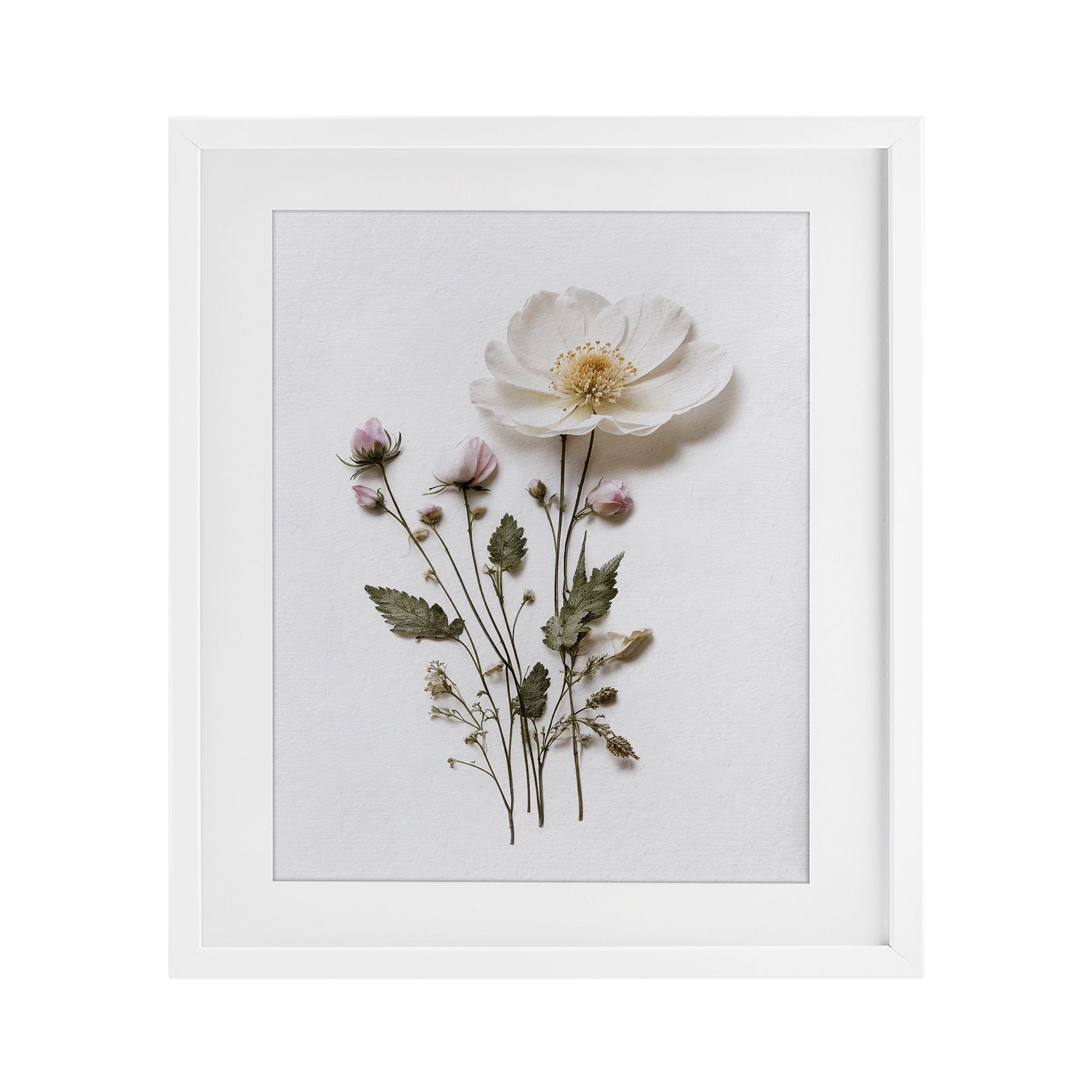 Simple Pressed Flowers White Framed Print Under Glass, design by Lettered and Lined