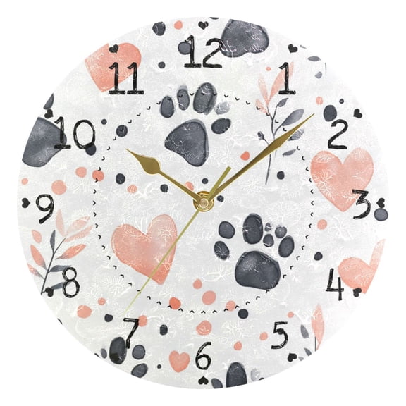Simple Prints Love and Pawprints Round Wall Clock Silent Battery Operated Home Decor for Living Room Bedroom