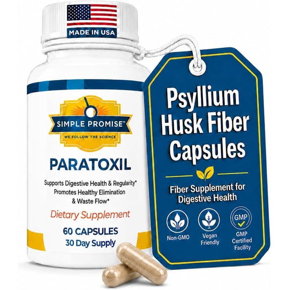 Simple Promise Paratoxil - Psyllium Husk Capsules for Daily Gut Wellness Support - with Slippery Elm, Aloe, Chlorella & Ginger - Natural Plant-Based Formula - 60 Capsules