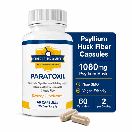 Simple Promise Paratoxil - Psyllium Husk Capsules for Daily Gut Wellness Support - with Slippery Elm, Aloe, Chlorella & Ginger - Natural Plant-Based Formula - 60 Capsules