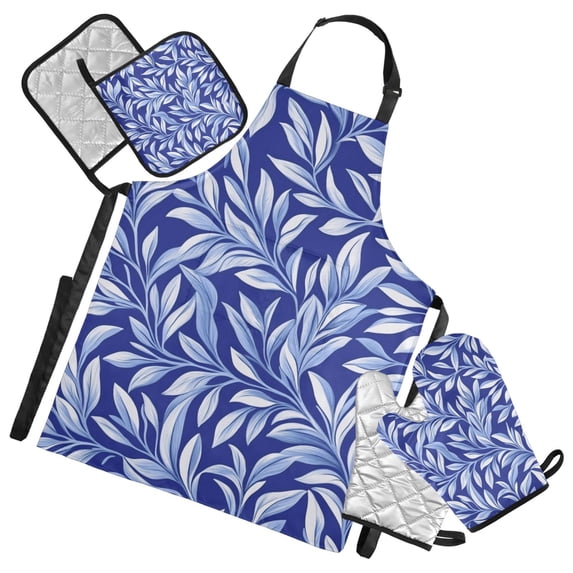 Simple Purple Leaf Oven Mitts and Pot Holders with Chef Apron Set 5 Pcs Kitchen Cooking Set