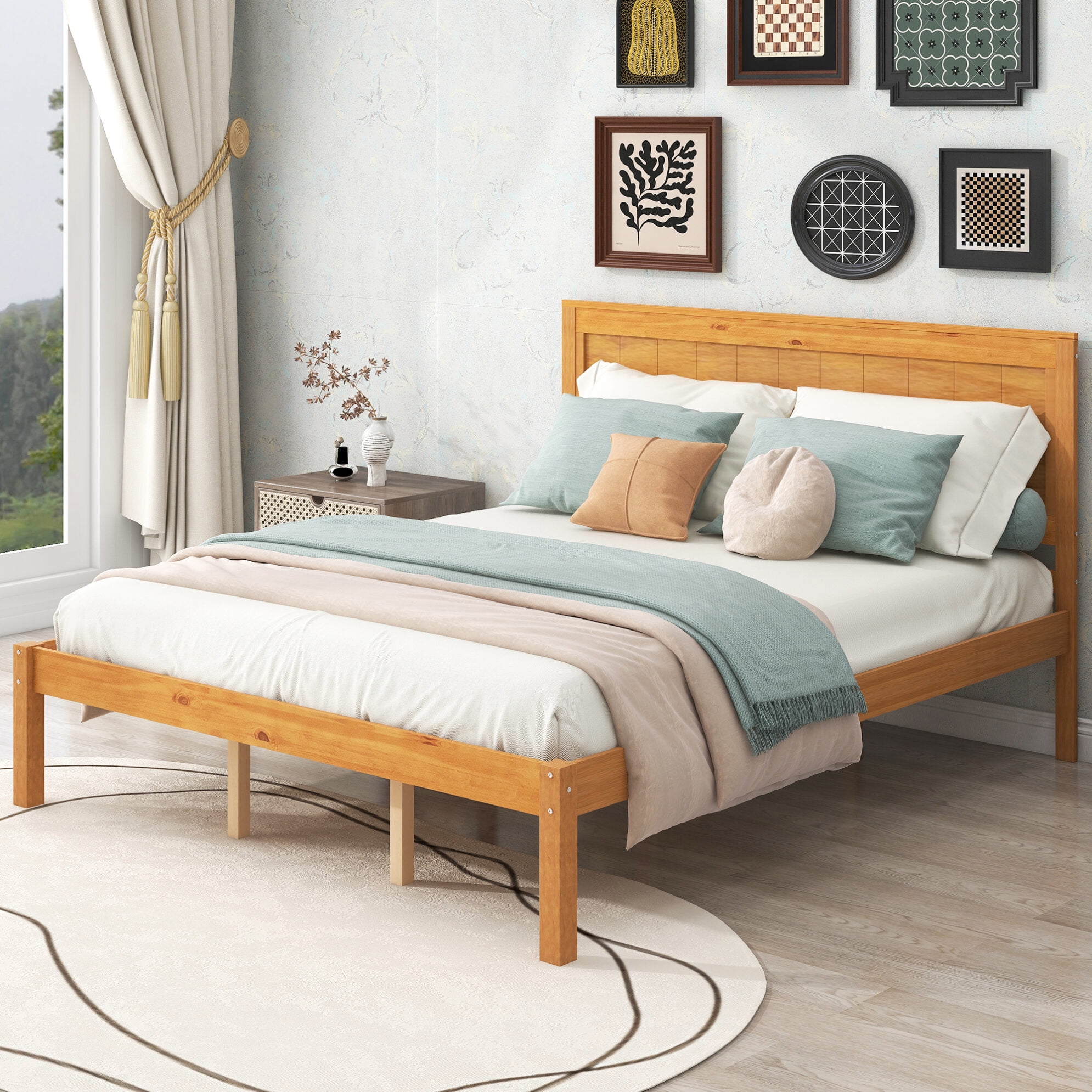 Simple Queen Size Platform Bed with High Headboard Wood Platform Bed Frame with Slat Support No Box Spring Needed Oak