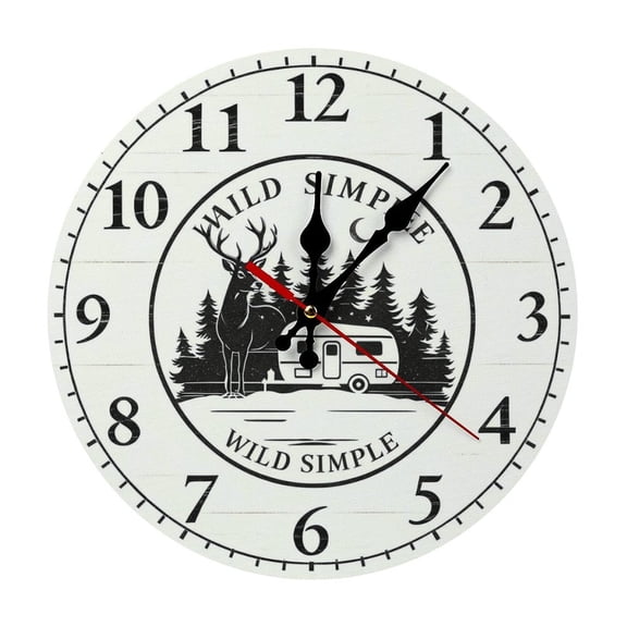 Simple RV Forest Camping Face 5mm Thick Solid Wood Wall Clock, Quiet Quartz Movement Easy Install Hanging Clock