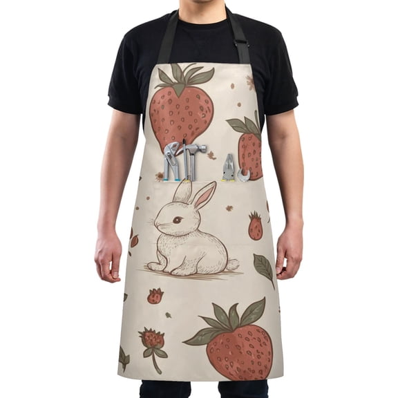 Simple Rabbit and Strawberry Chef Kitchen Apron with Pockets for Women Waterproof Aprons for Cooking Baking