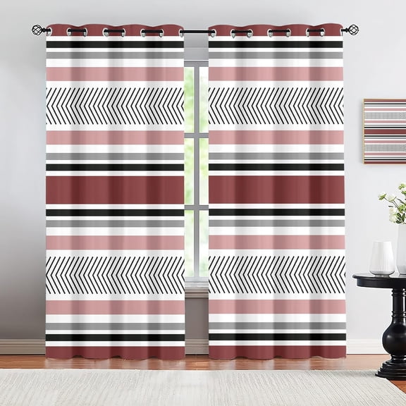 Simple Red Blackout Curtains, Black White Striped Line Pattern Window Drapes for Bedroom Living Room Kitchen, Thermal Insulated Grommet Curtains 26"W x 45"L (2 Pack)