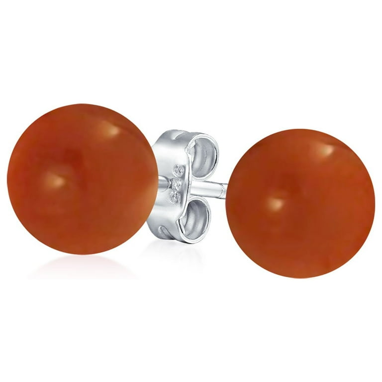 Simple Red Coral Round Ball Stud Earrings .925 Sterling Silver