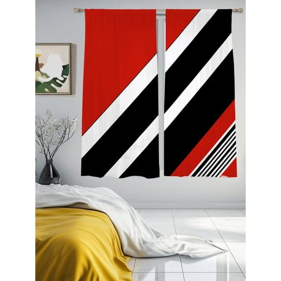 Simple Abstract Image Geometric Simple Red White Black Lines Sheer Curtains 2 Panels Set Abstract ...