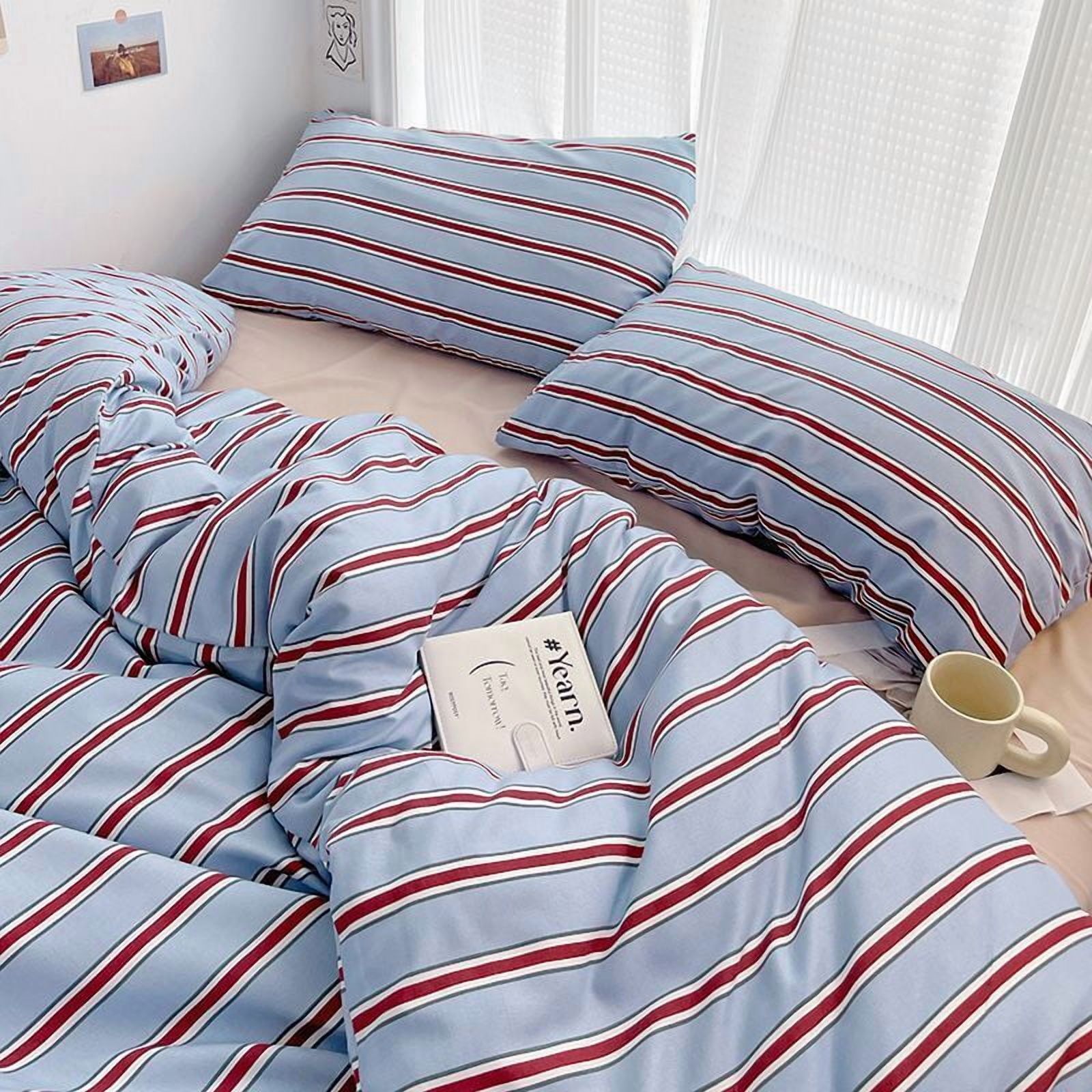 Simple Red and Blue Striped Duvet Cover and Four Piece Bed Sheet Set