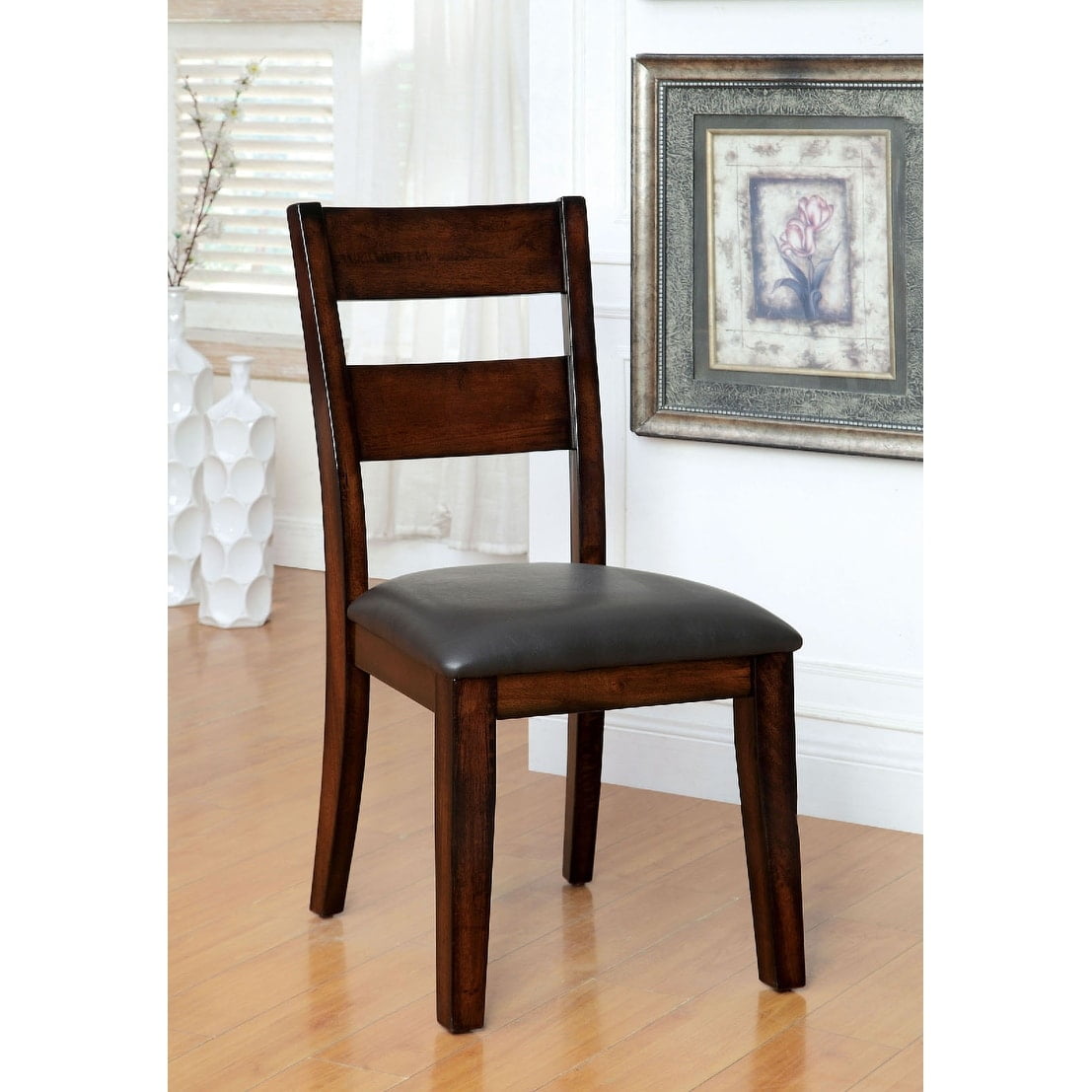 Dark Cherry Faux Leather Upholstered Wooden Side Chairs, Set of 2