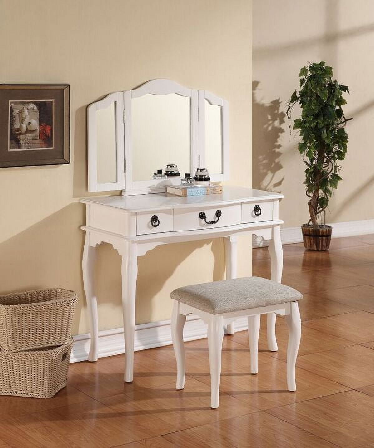 ELEWISH Makeup Vanity Table Set with 3 Modes Adjustable Lighted Mirror  Cushioned Stool, Dressing Table for Small Space with Free Make-up Organizer  (White+Wood) 