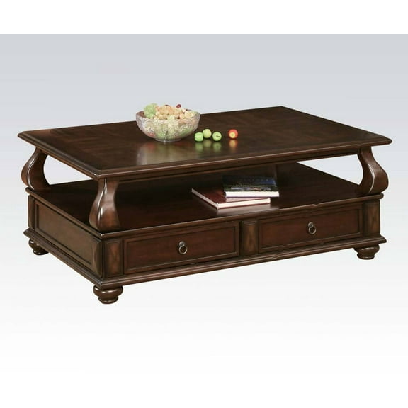 Simple Relax Wood Coffee Table with 2 Drawers and Open Shelves, Walnut