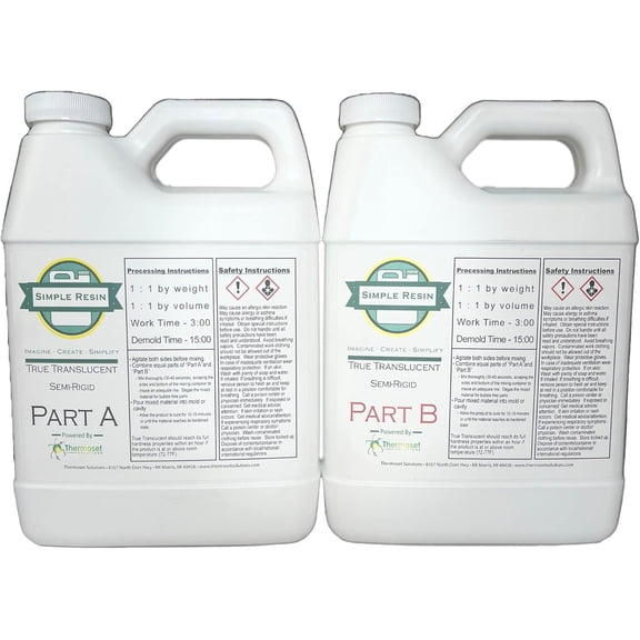 Simple Resin 2 Part Polyurethane Casting Resin - Easy to Tint and Pigment - 3 Minute Gel time - ~15 Minute demold time - Semi Rigid Plastic Feel - 70 Shore D Hardness (4 1b kit (64 oz kit)
