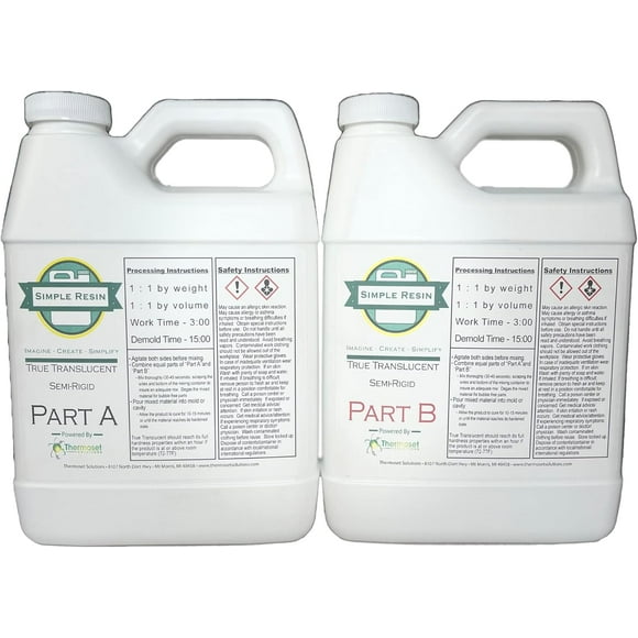 Simple Resin 2 Part Polyurethane Casting Resin - Easy to Tint and Pigment - 3 Minute Gel time - ~15 Minute demold time - Semi Rigid Plastic Feel - 70 Shore D Hardness (4 1b kit (64 oz kit)