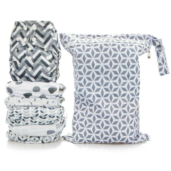 Simple Being Reusable Cloth Diapers, Double Gusset, One Size Adjustable, Washable Soft Absorbent, Waterproof Cover, Eco-Friendly Unisex Baby Girl Boy, six 4-Layers Microfiber Inserts (Greys)